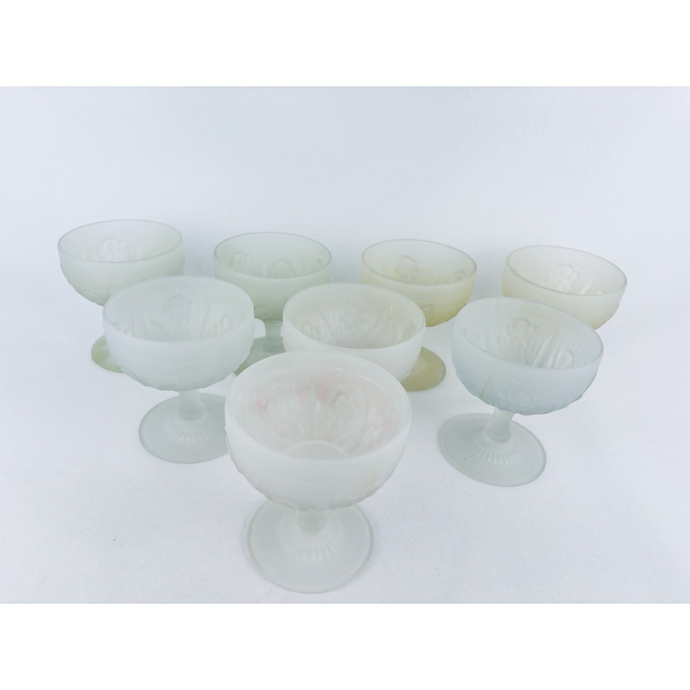 VTG Set 8 Jeanette Glass Frosted Iris & Herringbone Goblets Champagne Sherbet